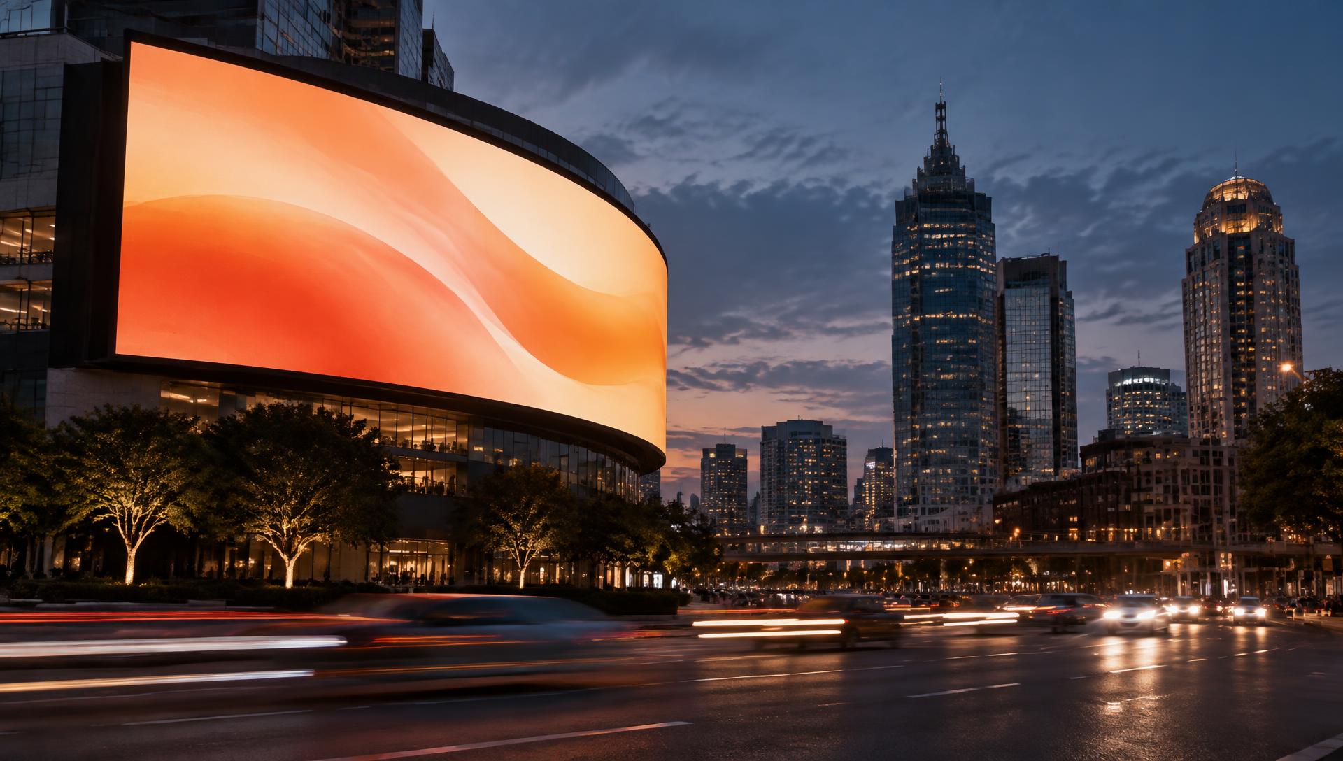 A digital billboard over a city road at dusk